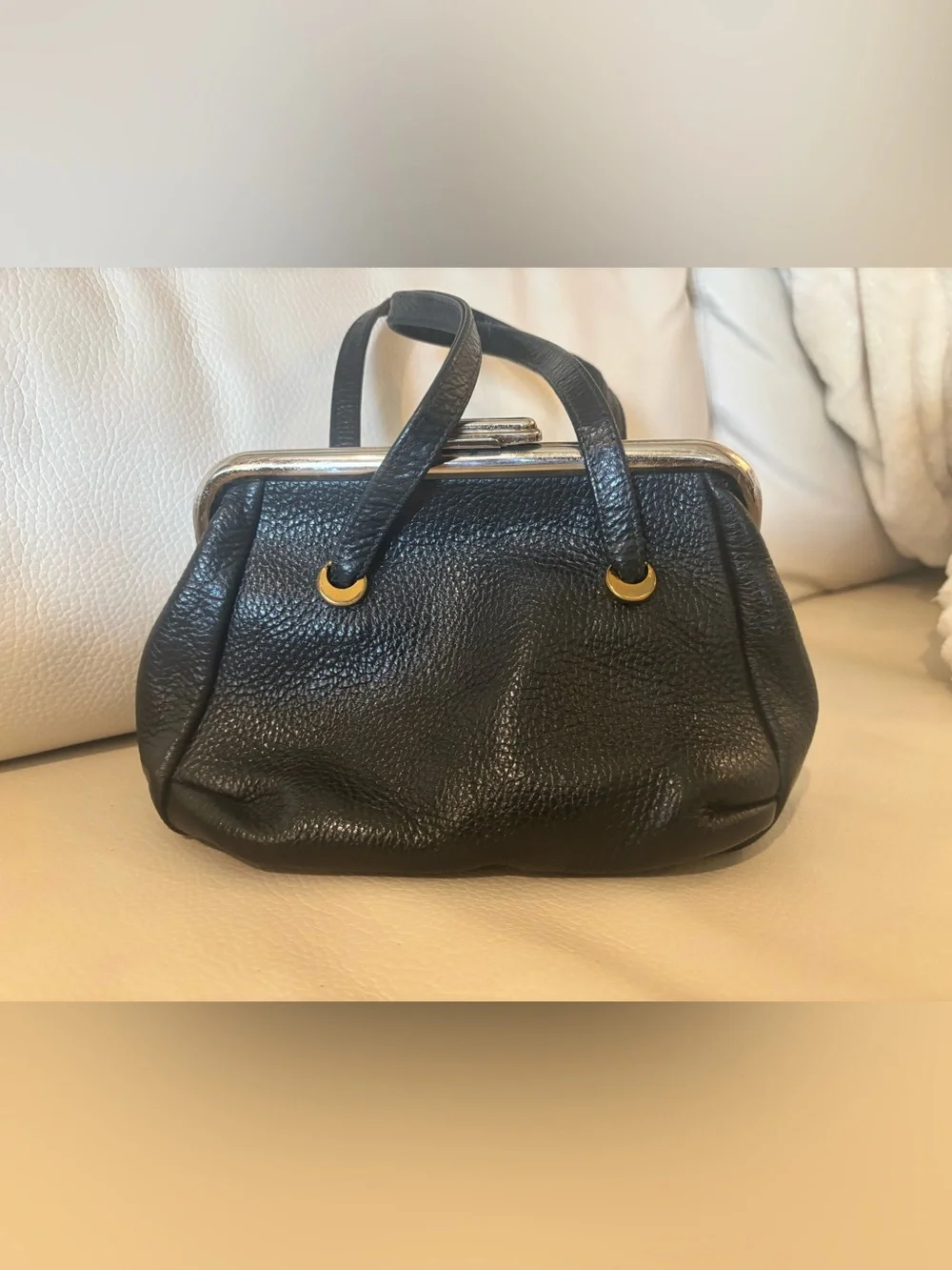 Black Leather Frame-Top Wristlet Clutch